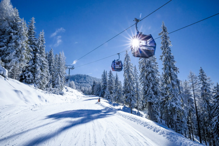 Seilbahn-Gondeln fahren über eine verschneite Skipiste durch winterliche Tannenwälder bei strahlendem Sonnenschein und blauem Himmel.