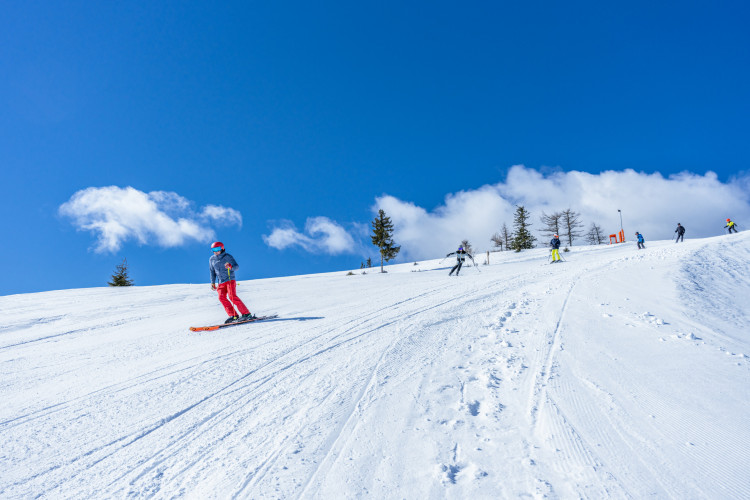 Mehrere Skifahrer fahren eine sonnige Piste hinunter.